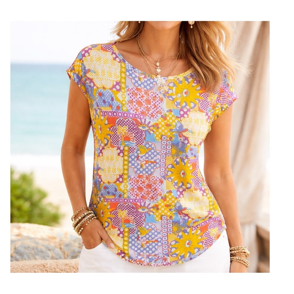 Rachel Zoe Linen Knit Top Womens Small Multicolor Tropical Sun‎ Print Cap Sleeve